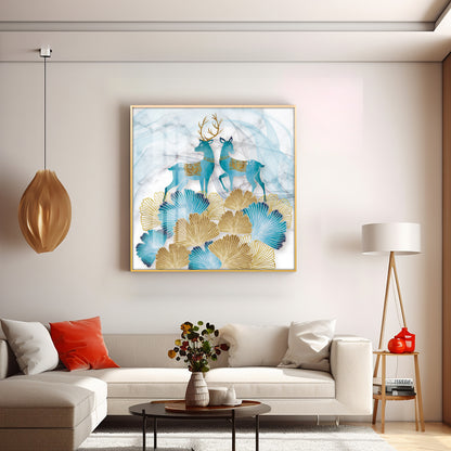 Blue Deer With Ginkgo Leaf Premium Acrylic Square Wall Art