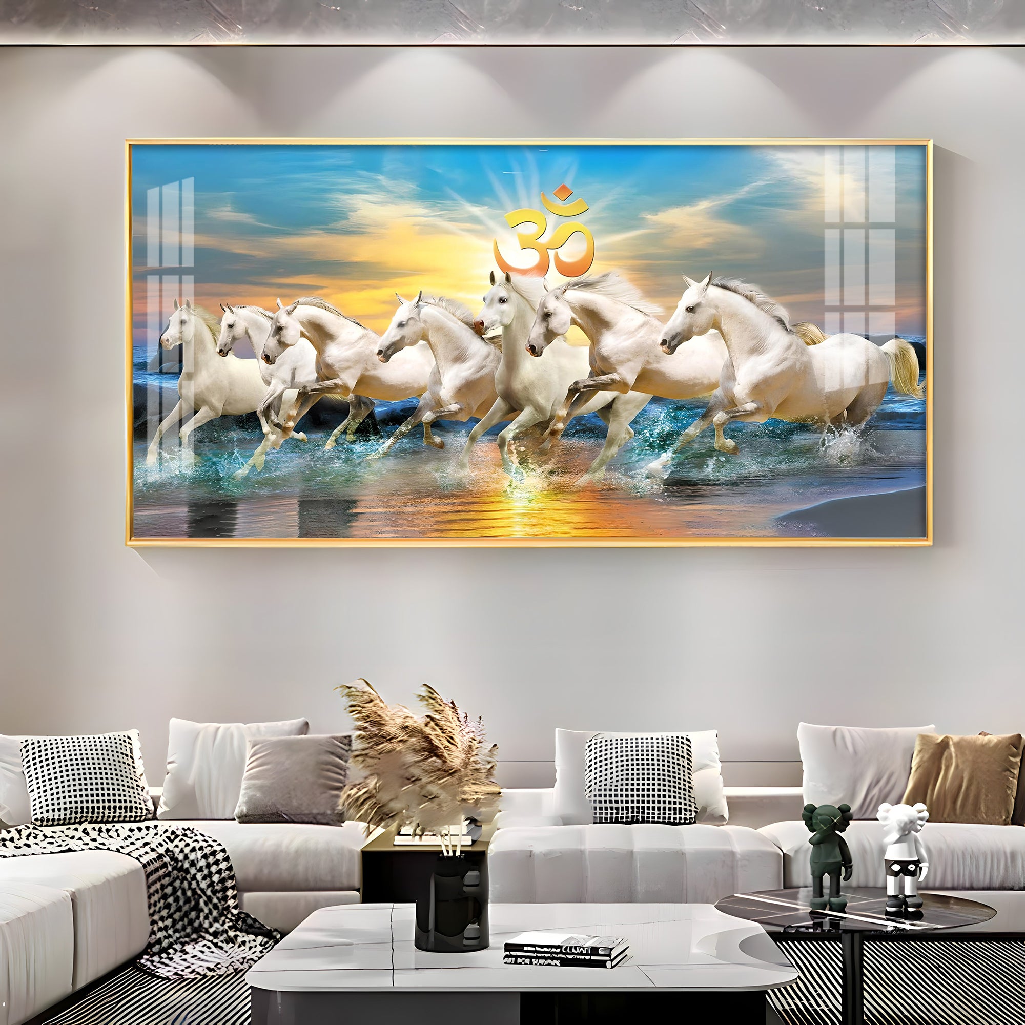 White Running Horses in Sea with Om Premium Acrylic Horizontal Wall Art