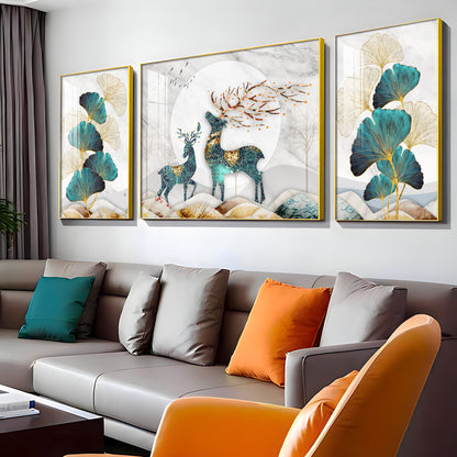 Rare Deer With Ginkgo Leaf Premium Acrylic Wall Art (Set of 3)