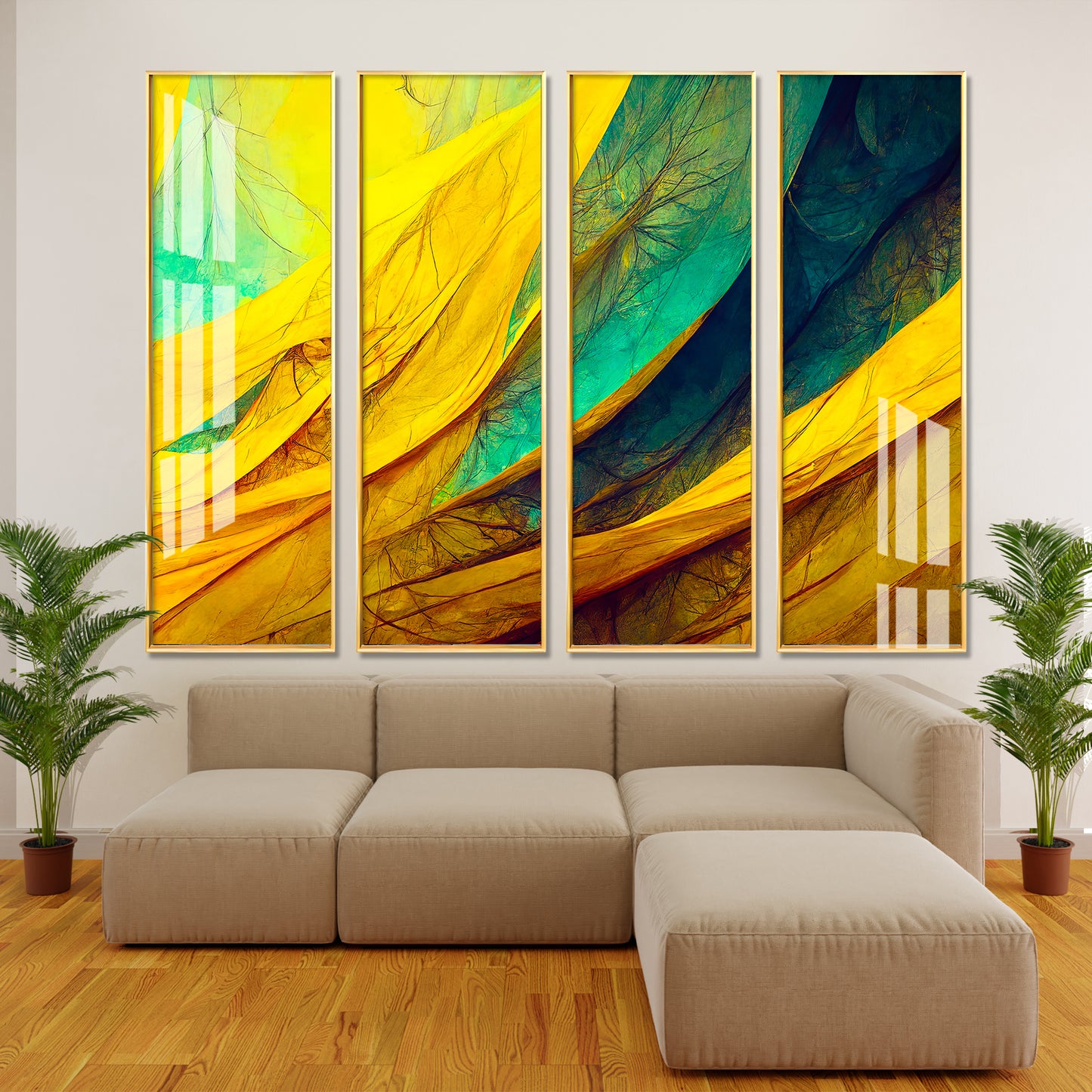 Shades of Green &Yellow Premium Acrylic Vertical Wall Art (set of 4)