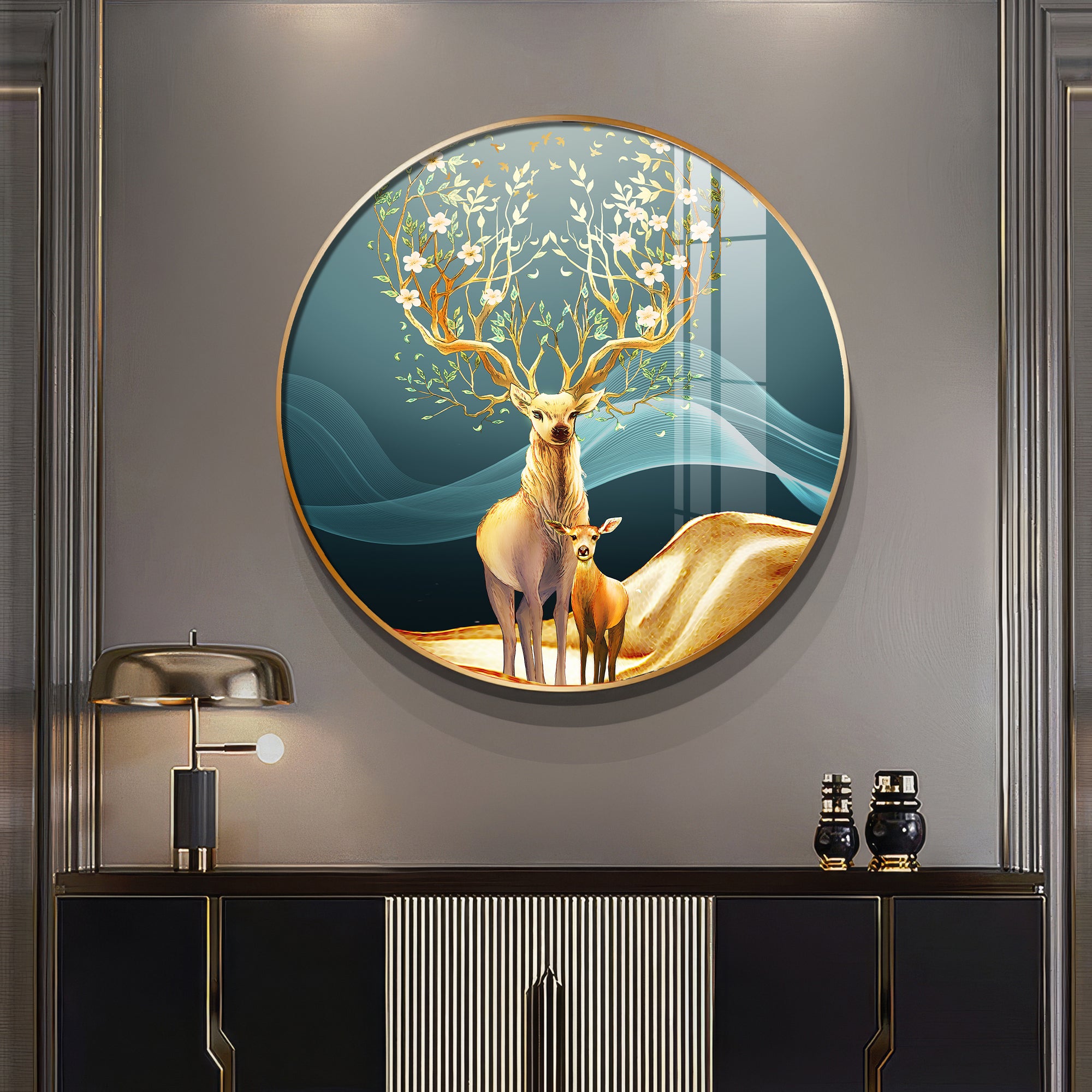 Deer in Bloom Premium Acrylic Round Wall Art