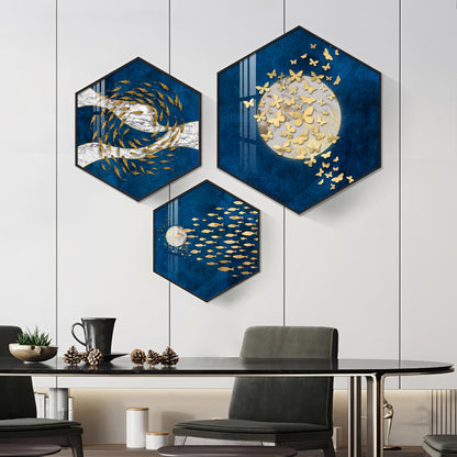 Golden Fish And Butterfly Premium Acrylic Hexagon Wall Art (Set of 3)