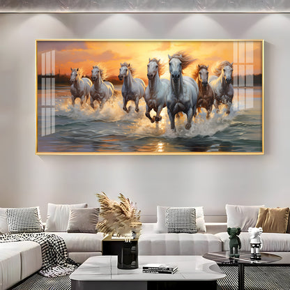 Vastu Seven Running Horses With Sunrise Premium Acrylic Horizontal Wall Art