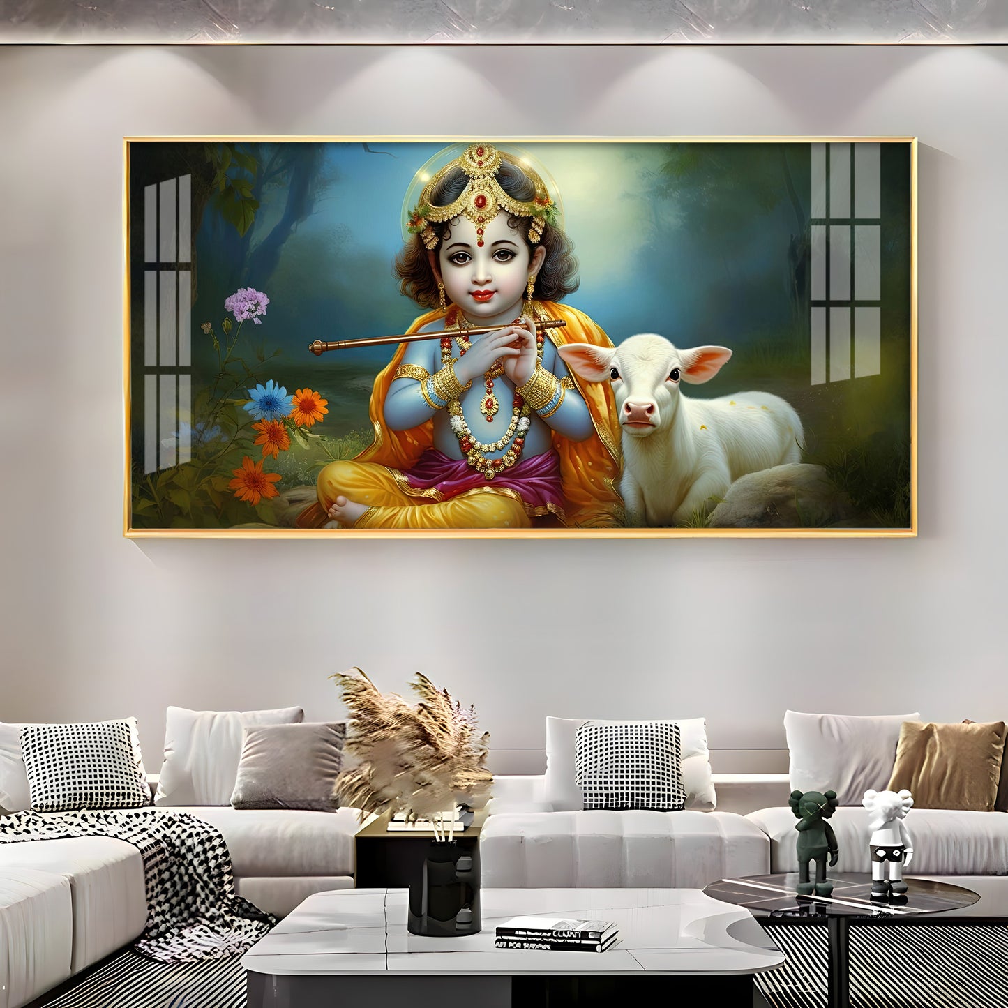 Little Krishna With Bansuri & Cow Premium Acrylic Horizontal Wall Art