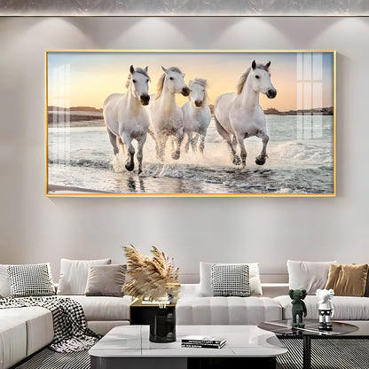 White Running Horses in The Sea Premium Acrylic Horizontal Wall Art