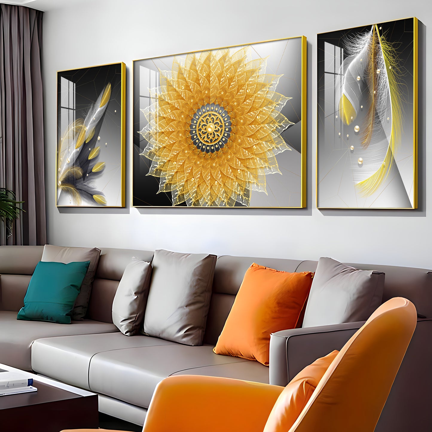 Golden Mandala With Feathers Premium Acrylic Wall Art (Set of 3)