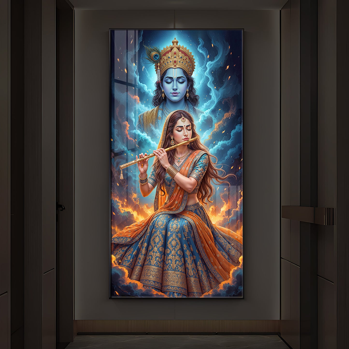 Radhe Krishna Colorful Modern Luxury Backlight Vertical Wall Art