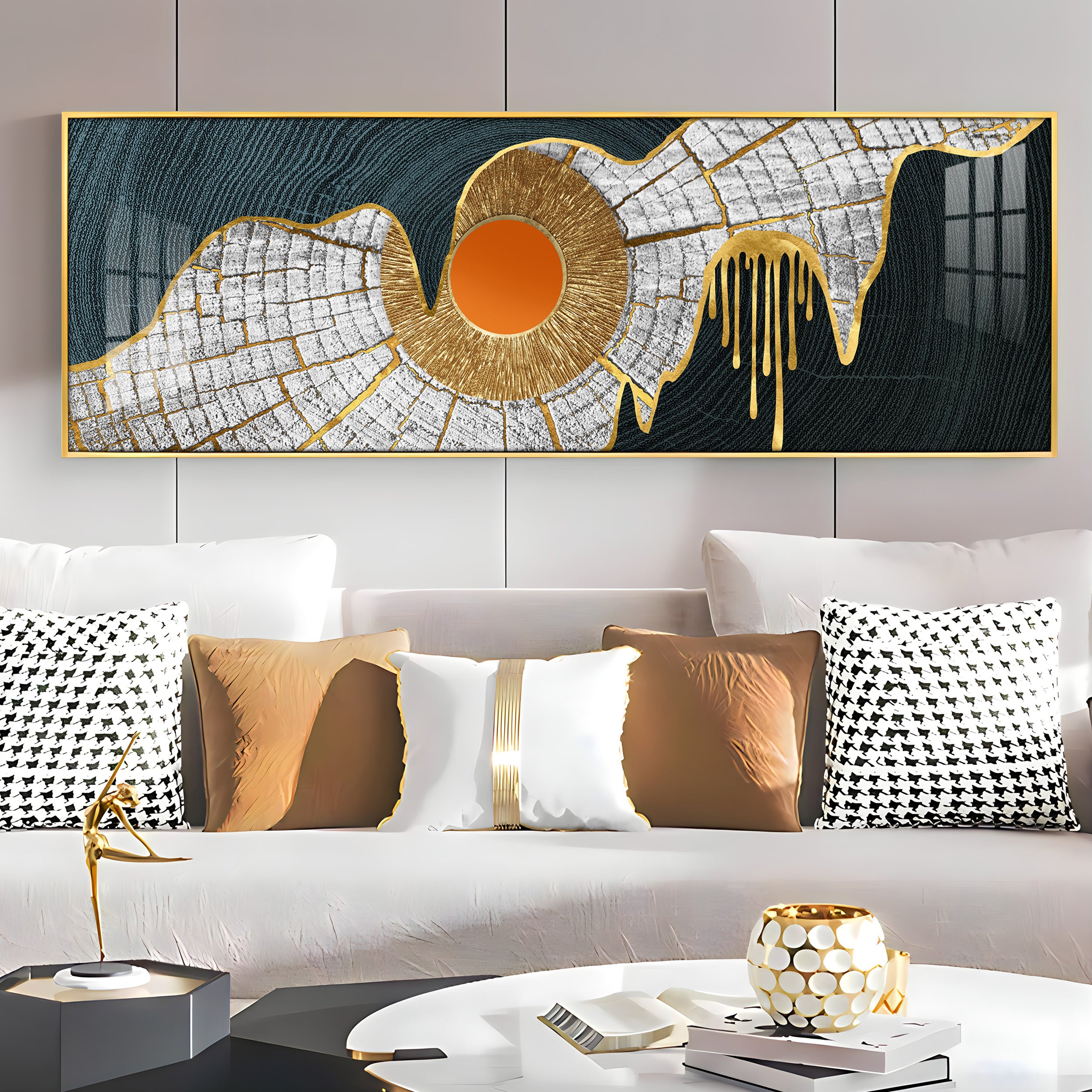 Golden Frill With Orange Circle Premium Acrylic Horizontal Wall Art