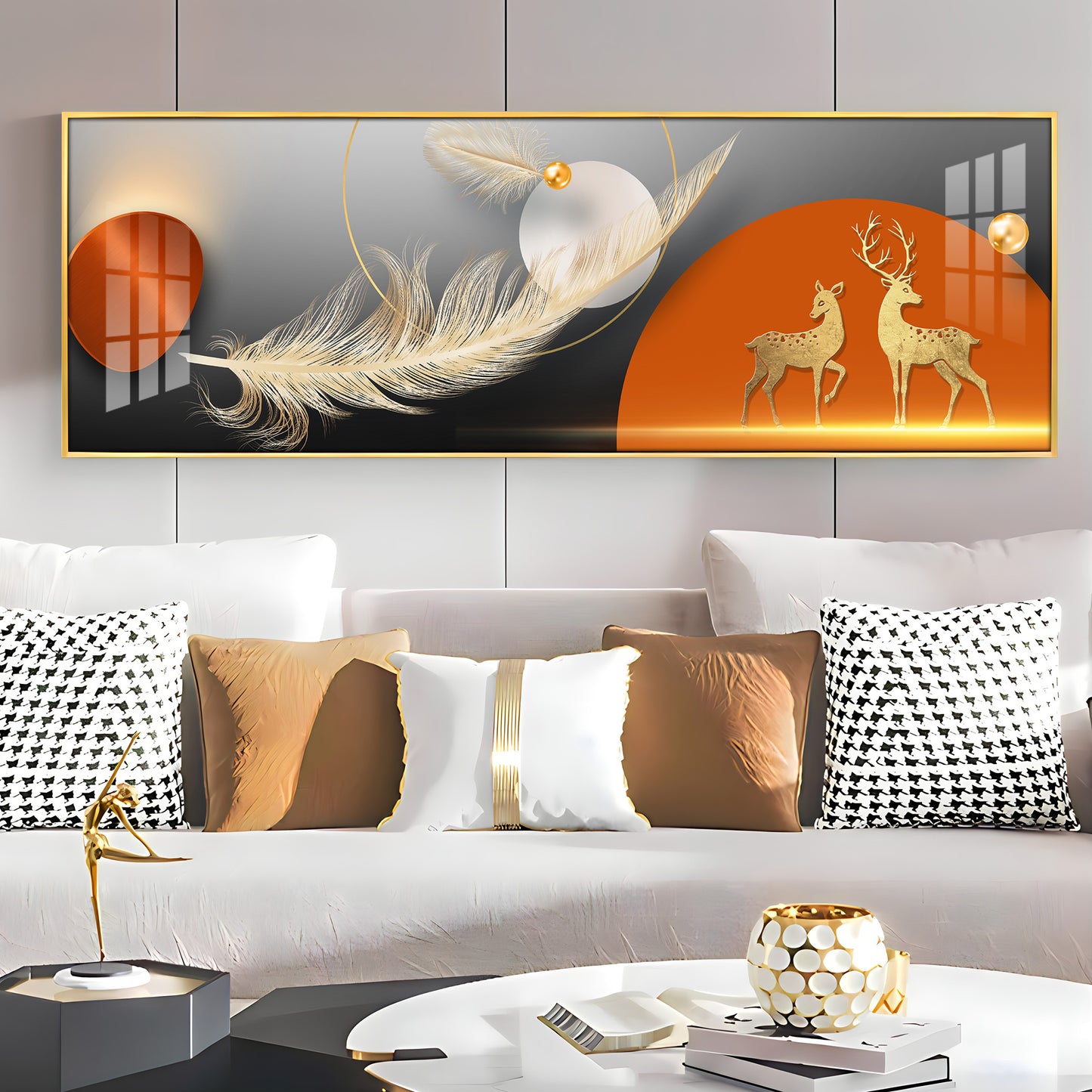 Golden Deers With Feathers Premium Acrylic Horizontal Wall Art