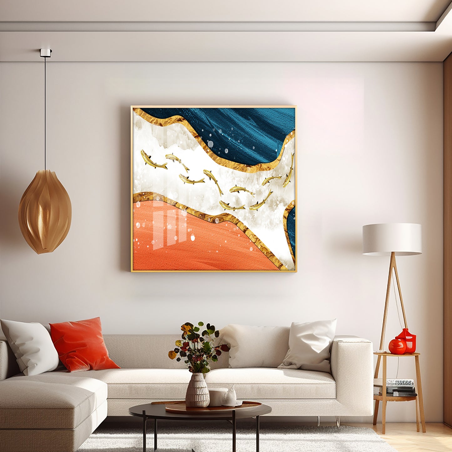 Golden Koi Fishes Swimming Luxury Crystal Square Wall Art