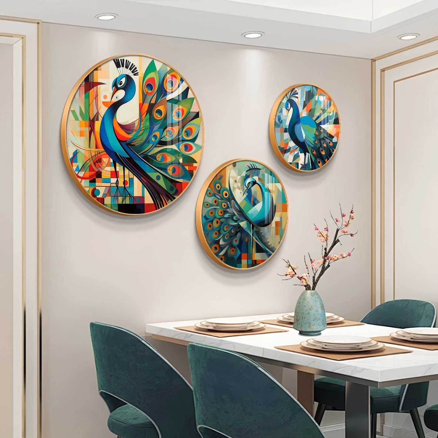 Colorful Peacock Abstract Premium Acrylic Round Wall Art (Set of 3)