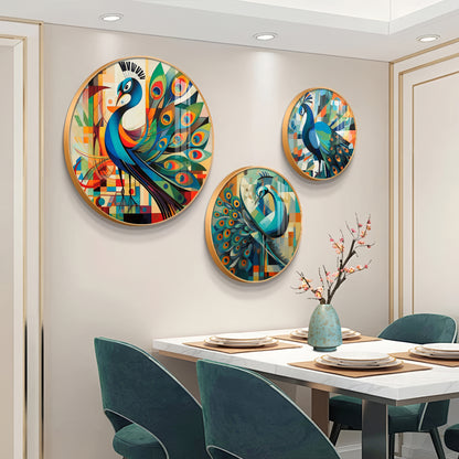Colorful Peacock Abstract Premium Acrylic Round Wall Art (Set of 3)