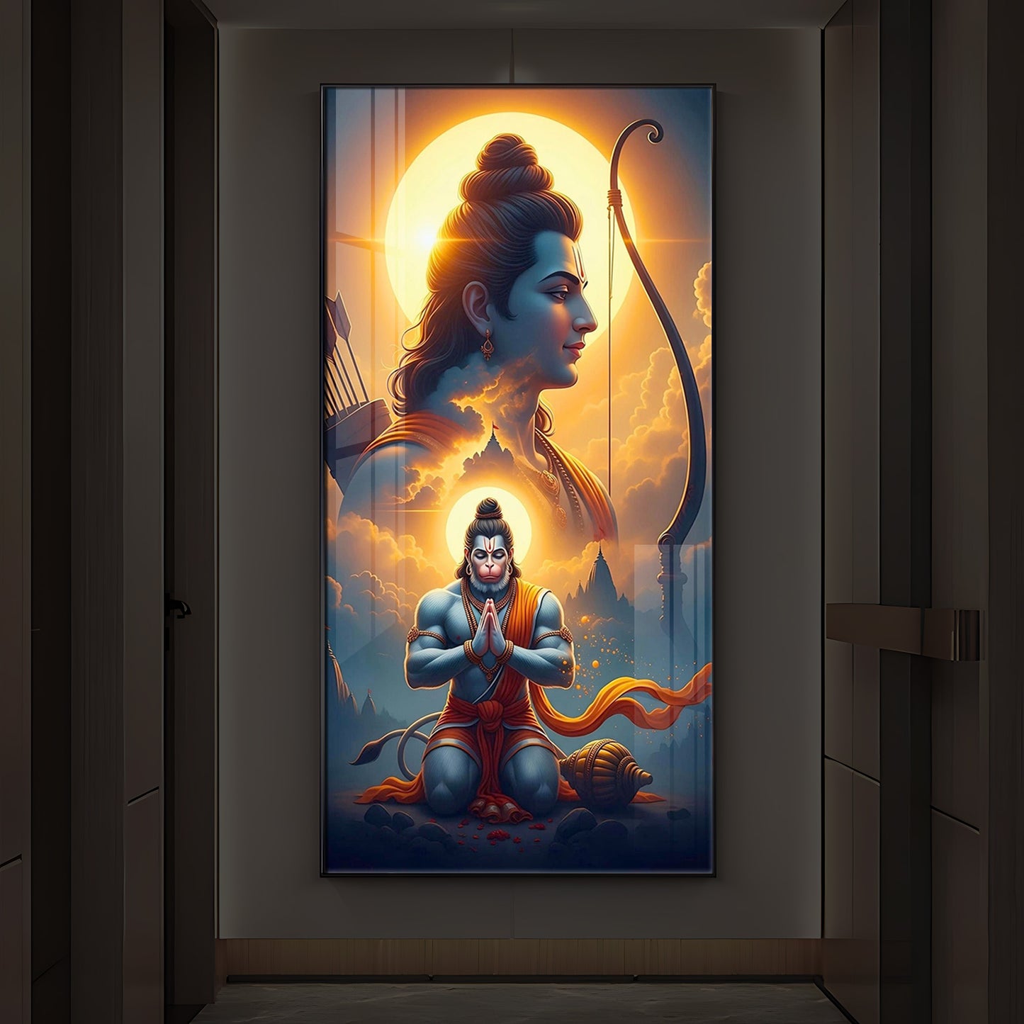 Ram and Hanuman Ji Modern Luxury Backlight Vertical Wall Art