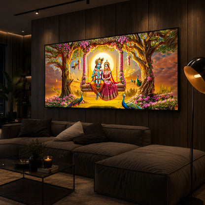 Loving Couple Lord Radha Krishna Modern Luxury Backlight Horizontal Wall Art