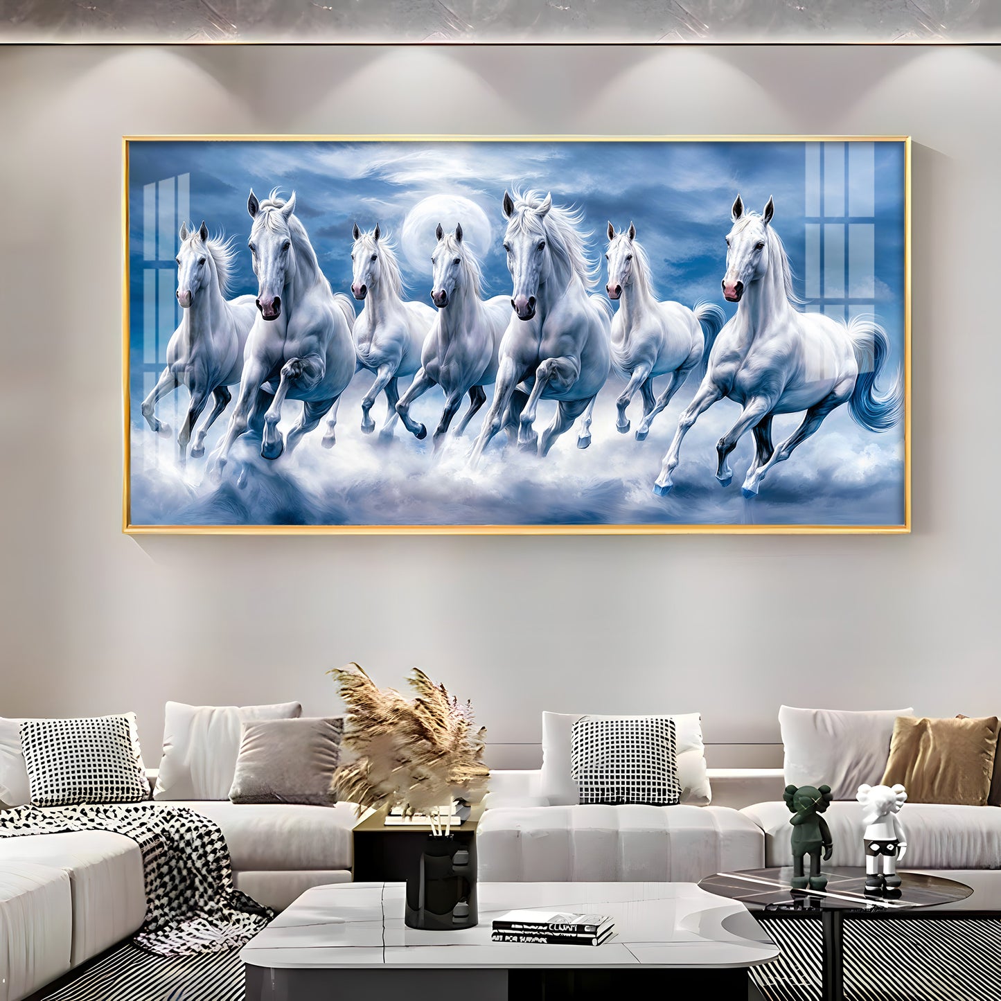 7 White Running Horses With Sunrise Premium Acrylic Horizontal Wall Art