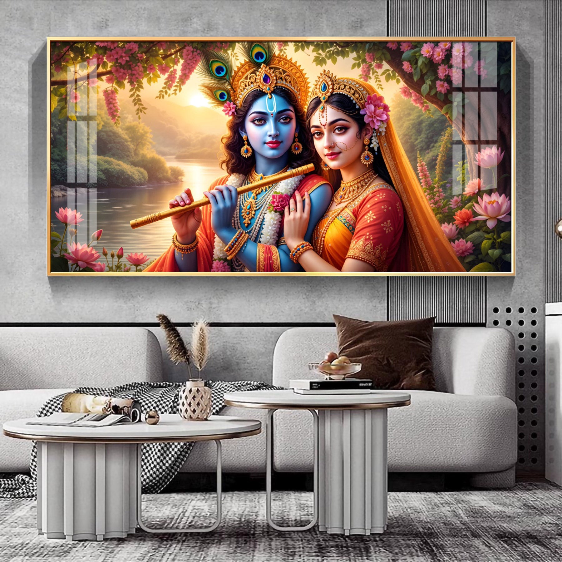 Radha With Krishna Playing Flute Premium Acrylic Horizontal Wall Art
