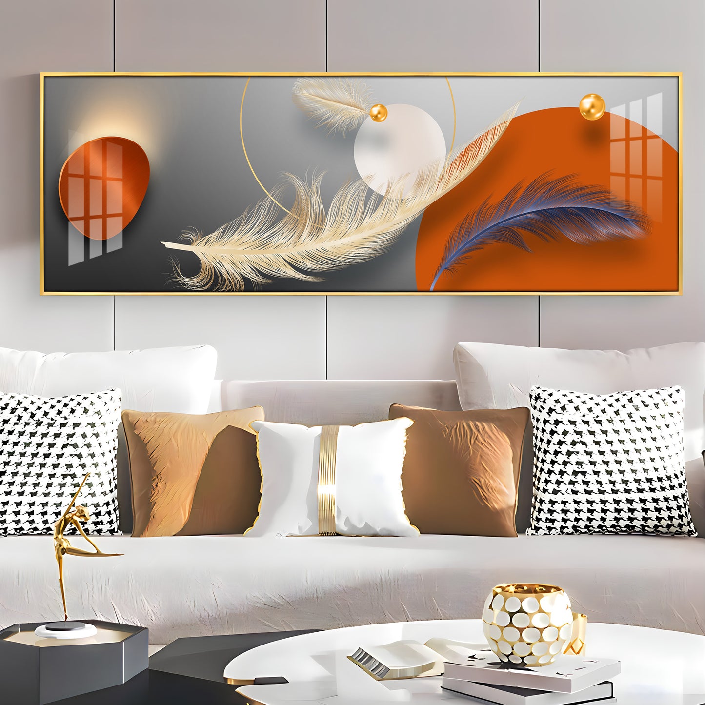 Feathers With Orange Circle Premium Acrylic Horizontal Wall Art