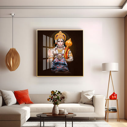 Lord Hanuman Ji and Need Karoli Baba Premium Acrylic Square Wall Art