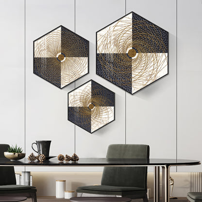 Spiral In Golden Premium Acrylic Hexagon Wall Art (Set of 3)