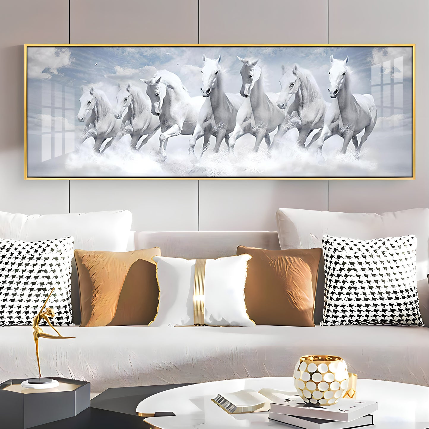 Seven Lucky Running White Horses Premium Acrylic Horizontal Wall Art