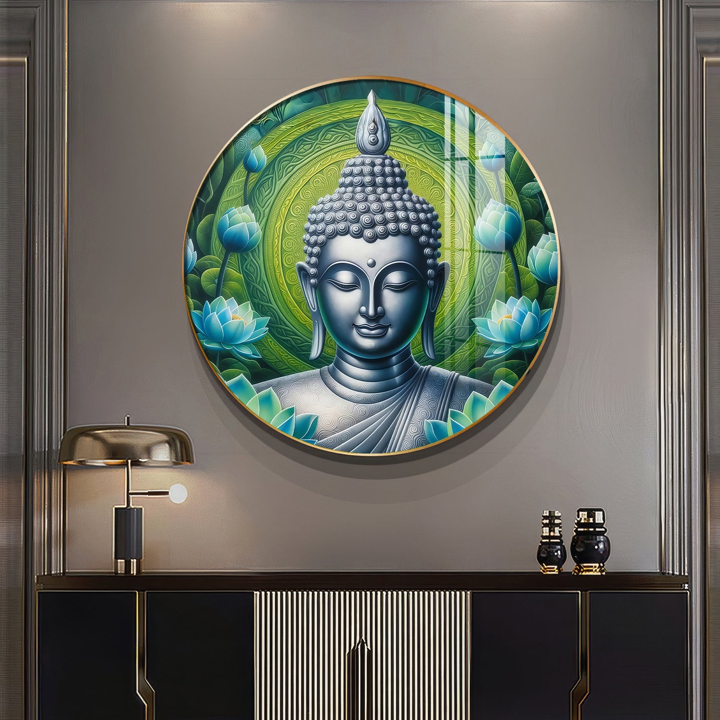 Sacred Buddha In Silver Premium Acrylic Round Wall Art