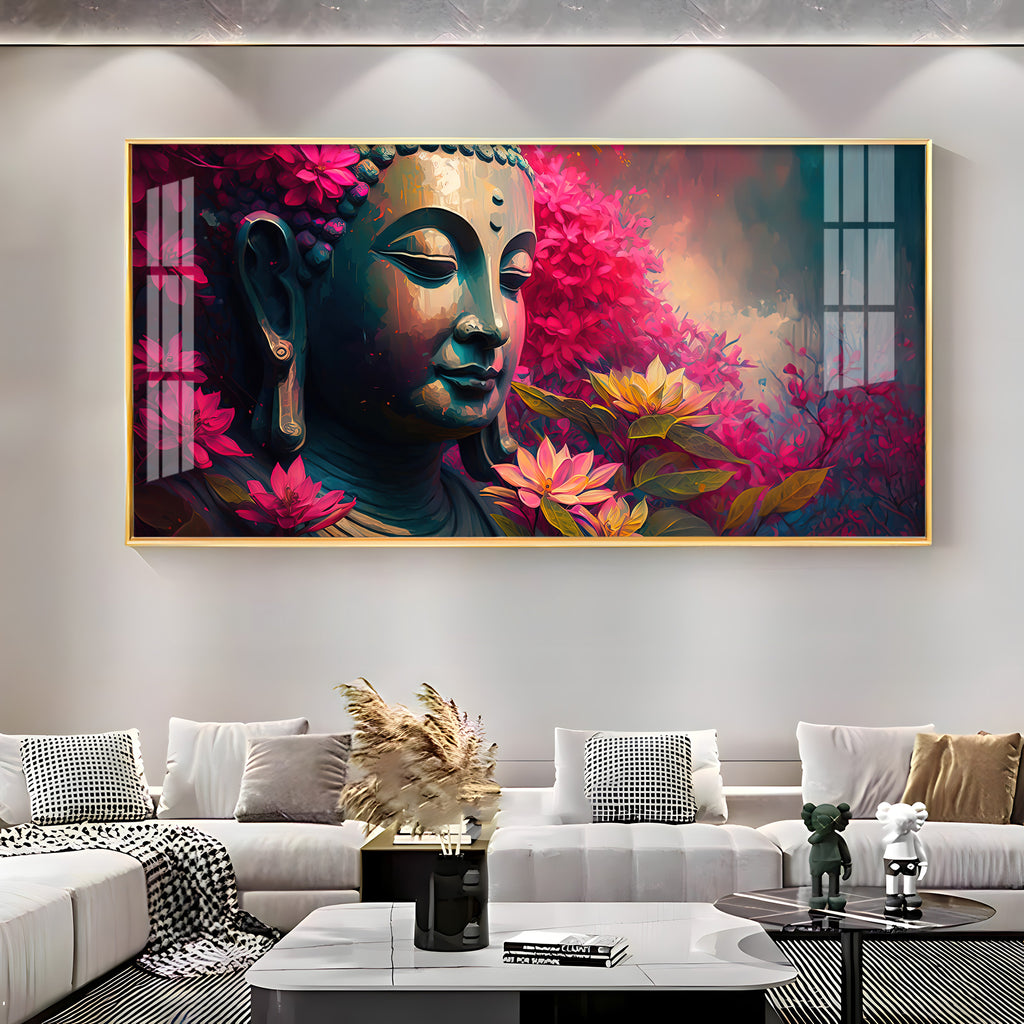 Lord Buddha Blossoms Premium Acrylic Horizontal Wall Art