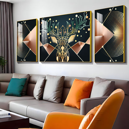 Golden Deer Mural Premium Acrylic Wall Art (Set of 3)