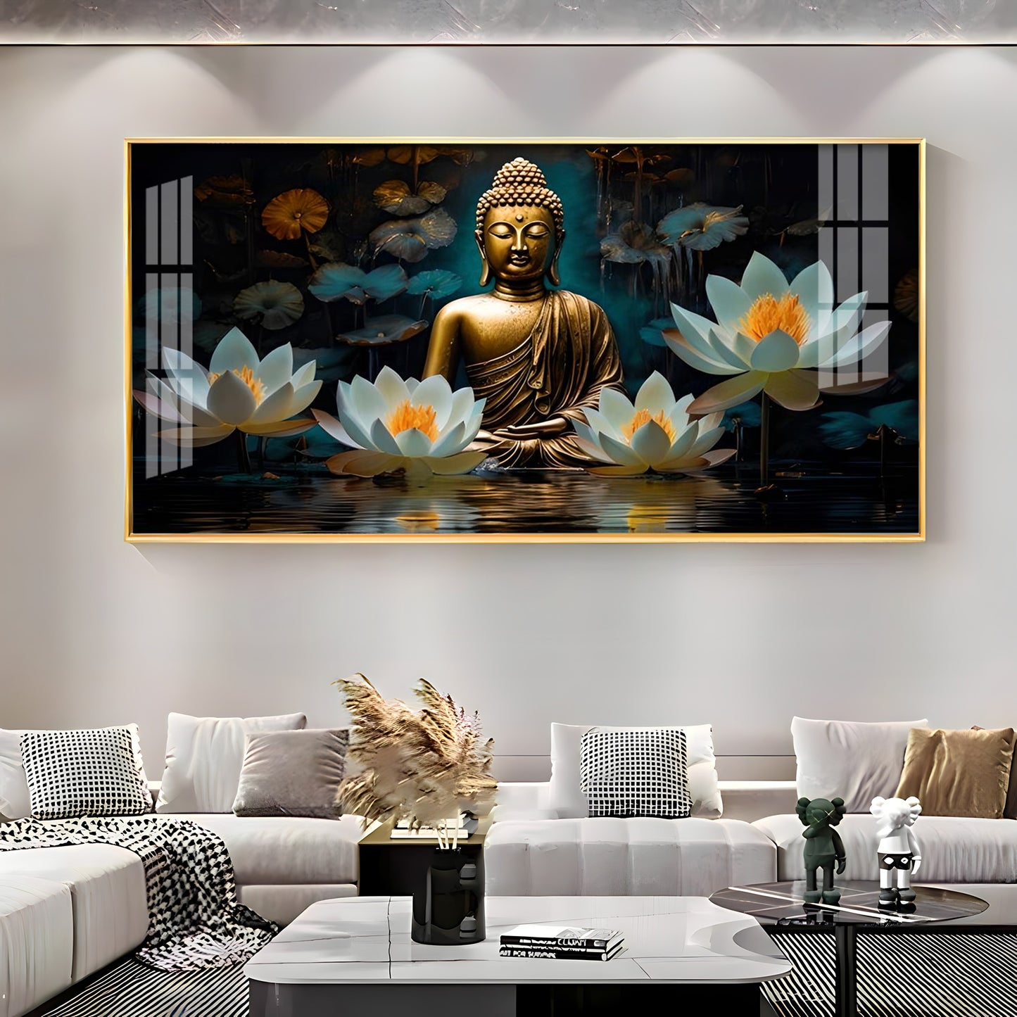 Buddha With White Lotus Premium Acrylic Horizontal Wall Art