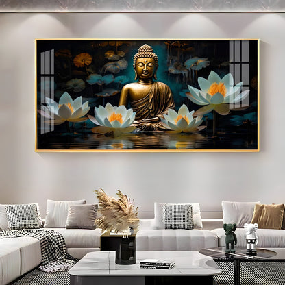 Buddha With White Lotus Premium Acrylic Horizontal Wall Art