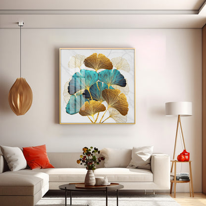 Golden Blue Ginkgo Leaf Premium Acrylic Square Wall Art