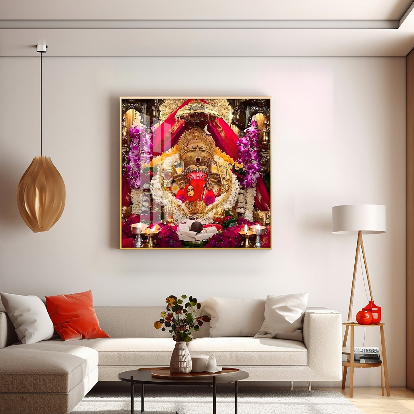 Shree Siddhivinayak Ganapati Premium Acrylic Square Wall Art - 30X30 inches / Gold