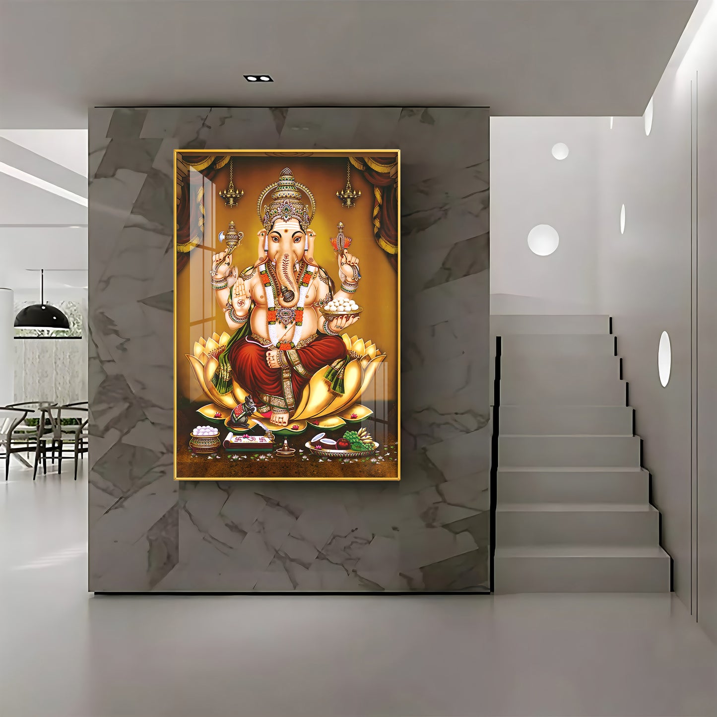 Lord Ganesha On Gold Lotus Premium Vertical Acrylic Wall Art