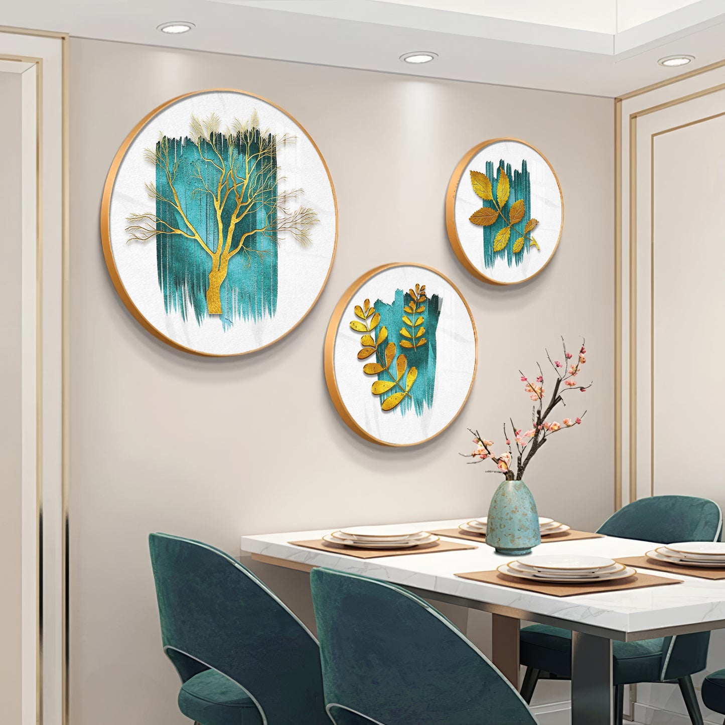 Golden Tree and Leaves Premium Acrylic Round Wall Art (Set of 3)