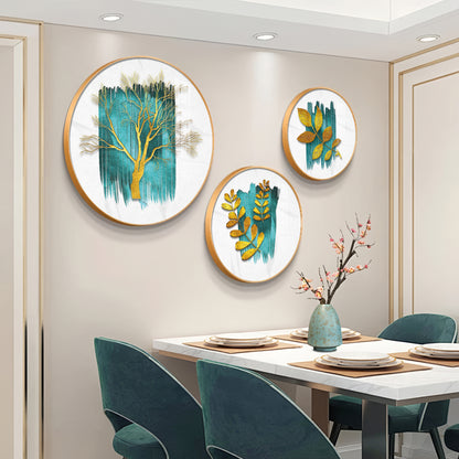 Golden Tree and Leaves Premium Acrylic Round Wall Art (Set of 3)