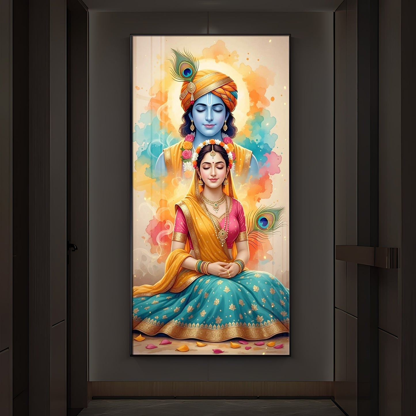 Radhe Krishna Modern Luxury Backlight Vertical Wall Art