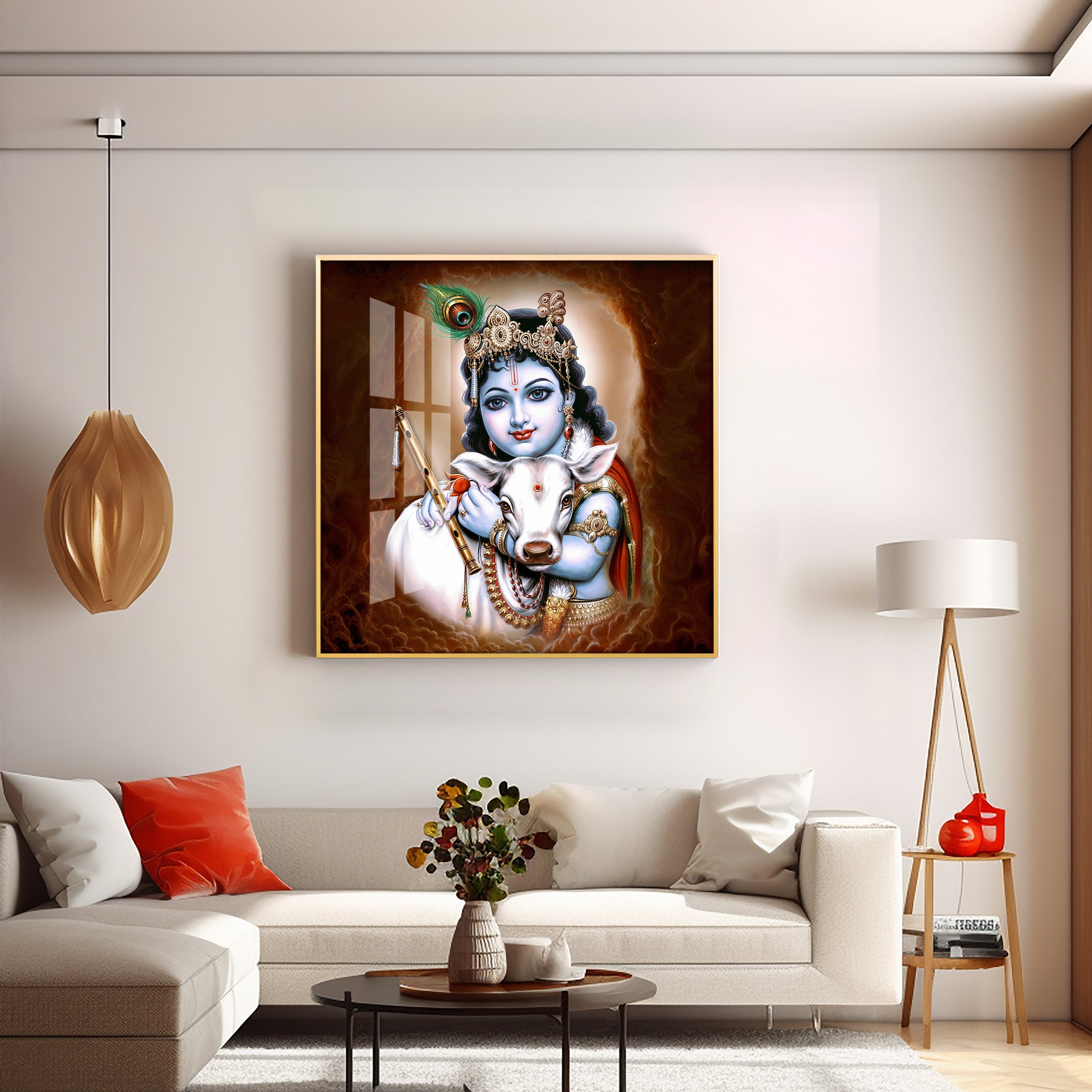 Krishna With Bansuri & Cow Premium Acrylic Horizontal Wall Art