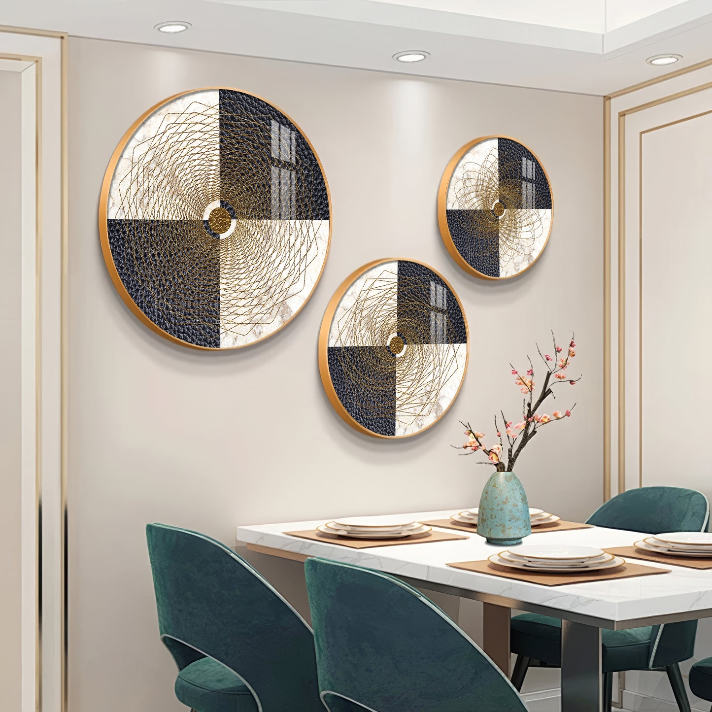 Spiral Line In Golden Premium Acrylic Round Wall Art (Set of 3)