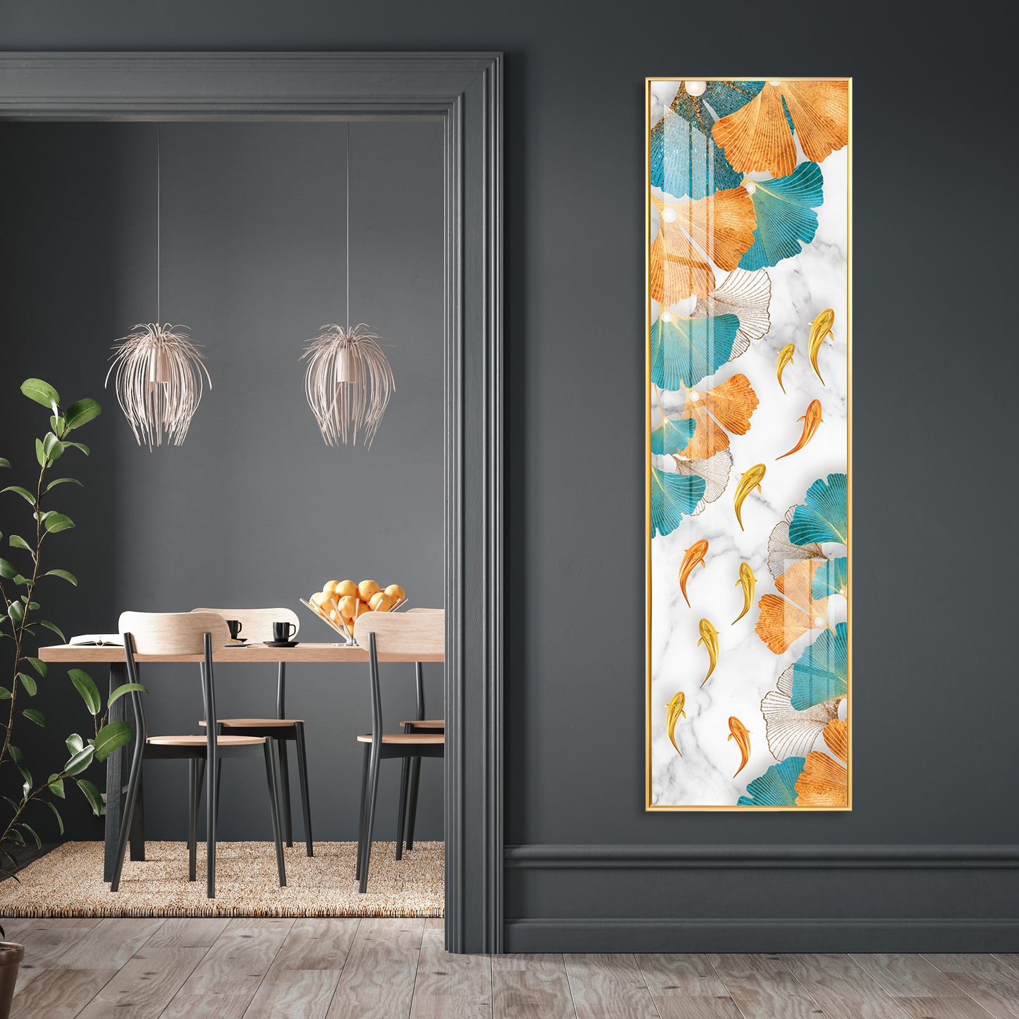 Blue & Gold Ginkgo Leaves Premium Acrylic Vertical Wall Art