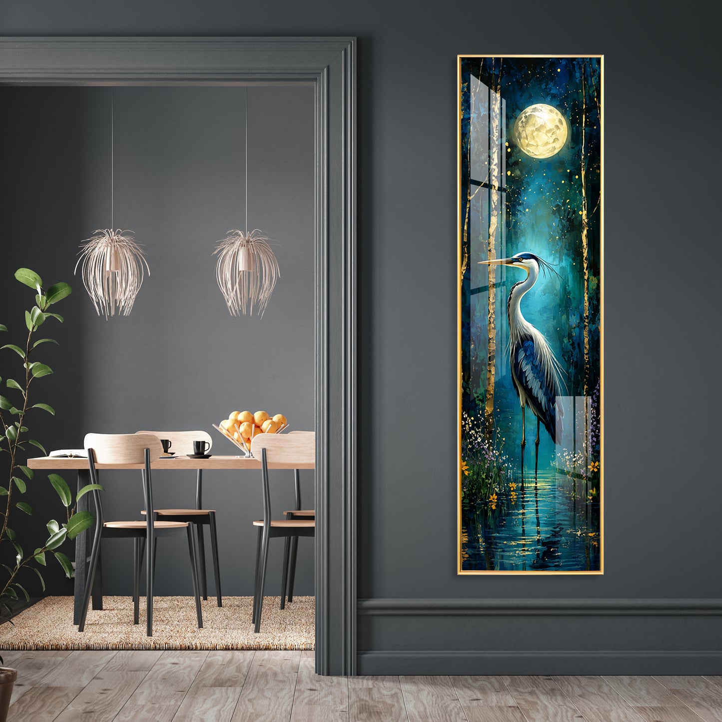 Moonlit Heron in Forest Premium Acrylic Vertical Wall Art