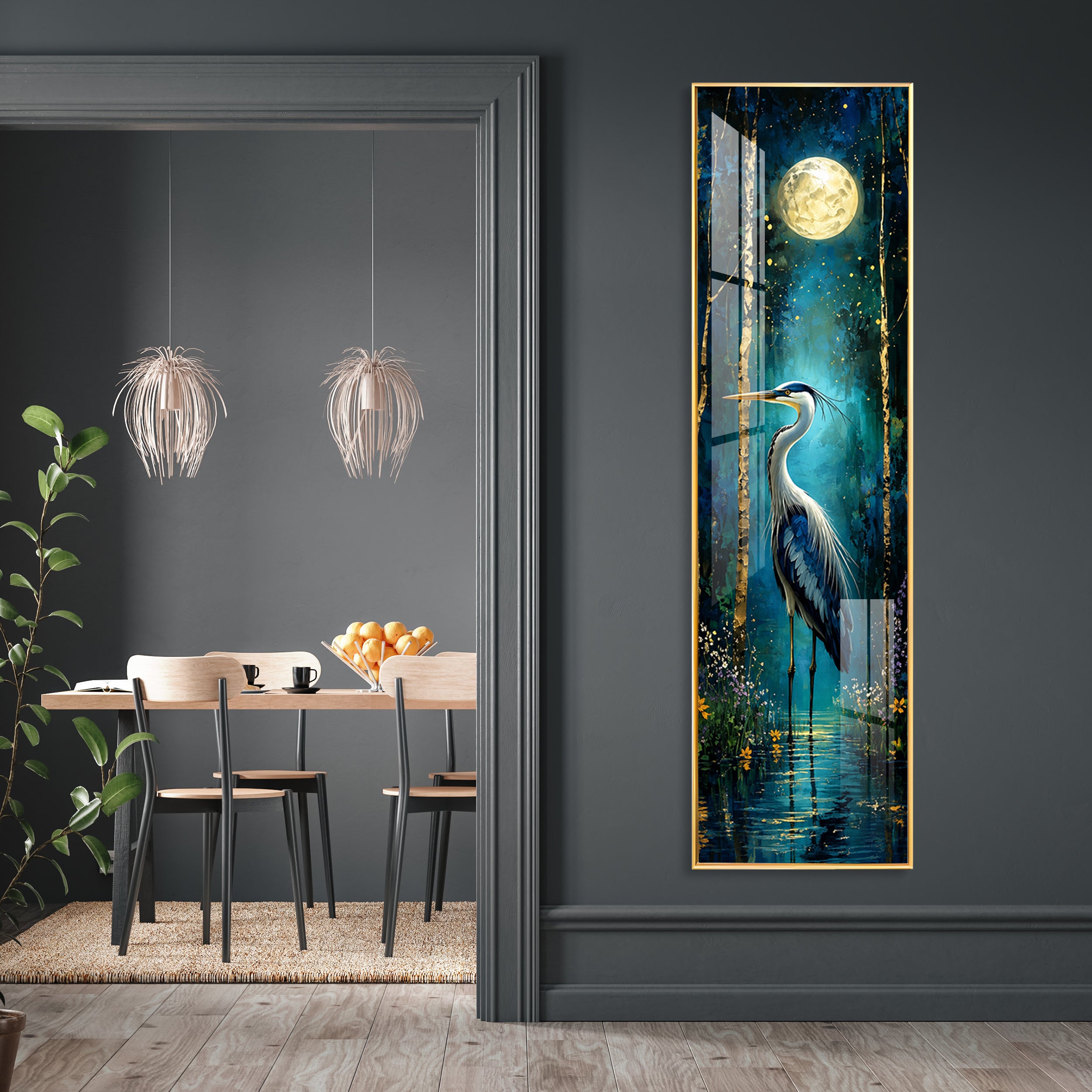 Moonlit Heron in Forest Premium Acrylic Vertical Wall Art