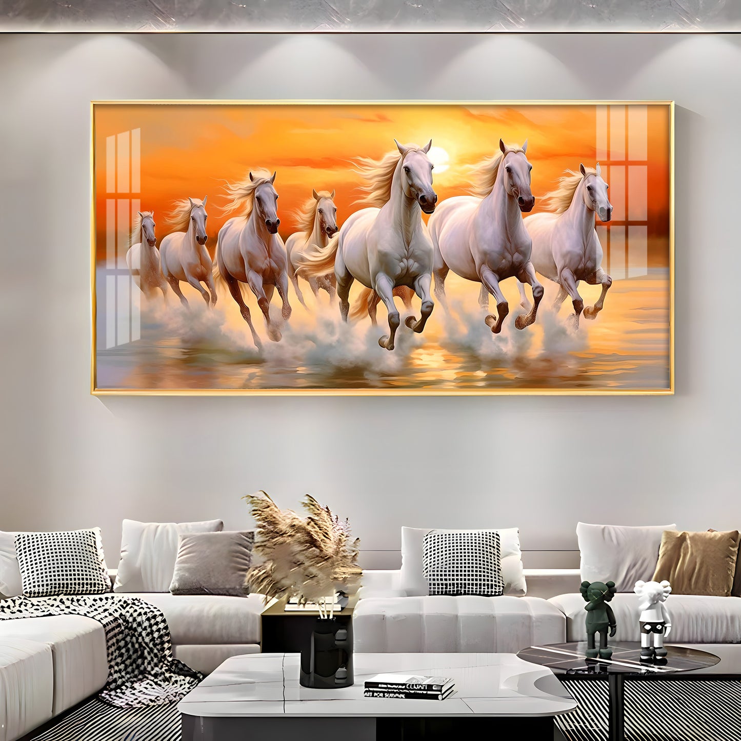 Seven White Running Horses With Sunrise Premium Acrylic Horizontal Wall Art