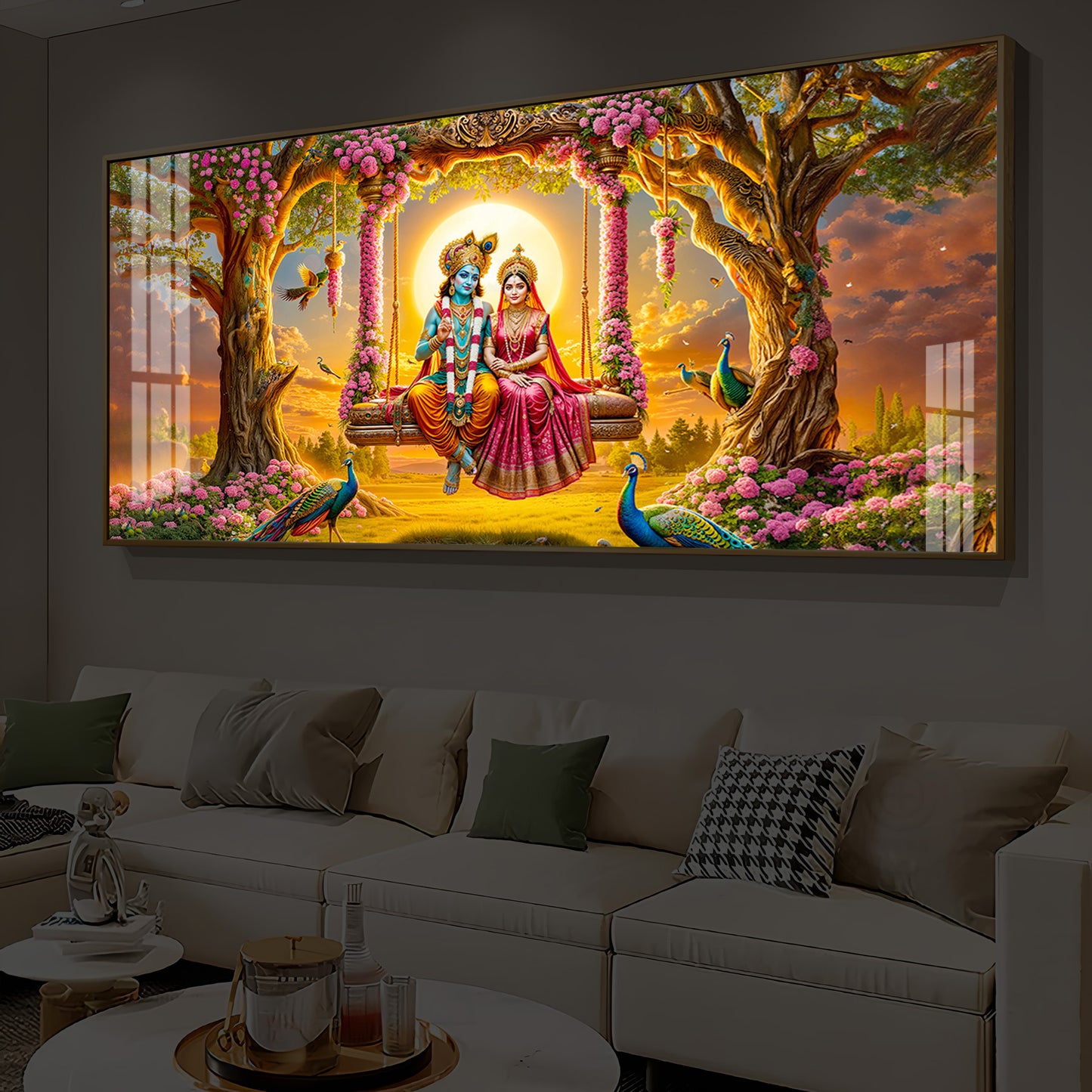 Loving Couple Lord Radha Krishna Modern Luxury Backlight Horizontal Wall Art
