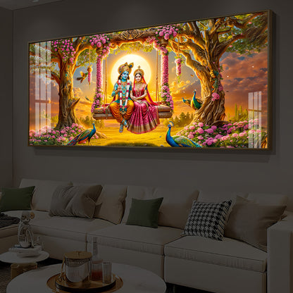 Loving Couple Lord Radha Krishna Modern Luxury Backlight Horizontal Wall Art