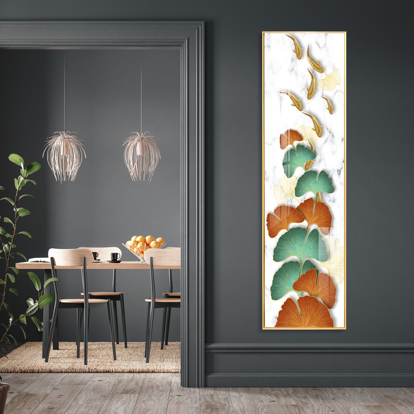 Golden Fish & Colorful Ginkgo Leaves Premium Acrylic Vertical Wall Art