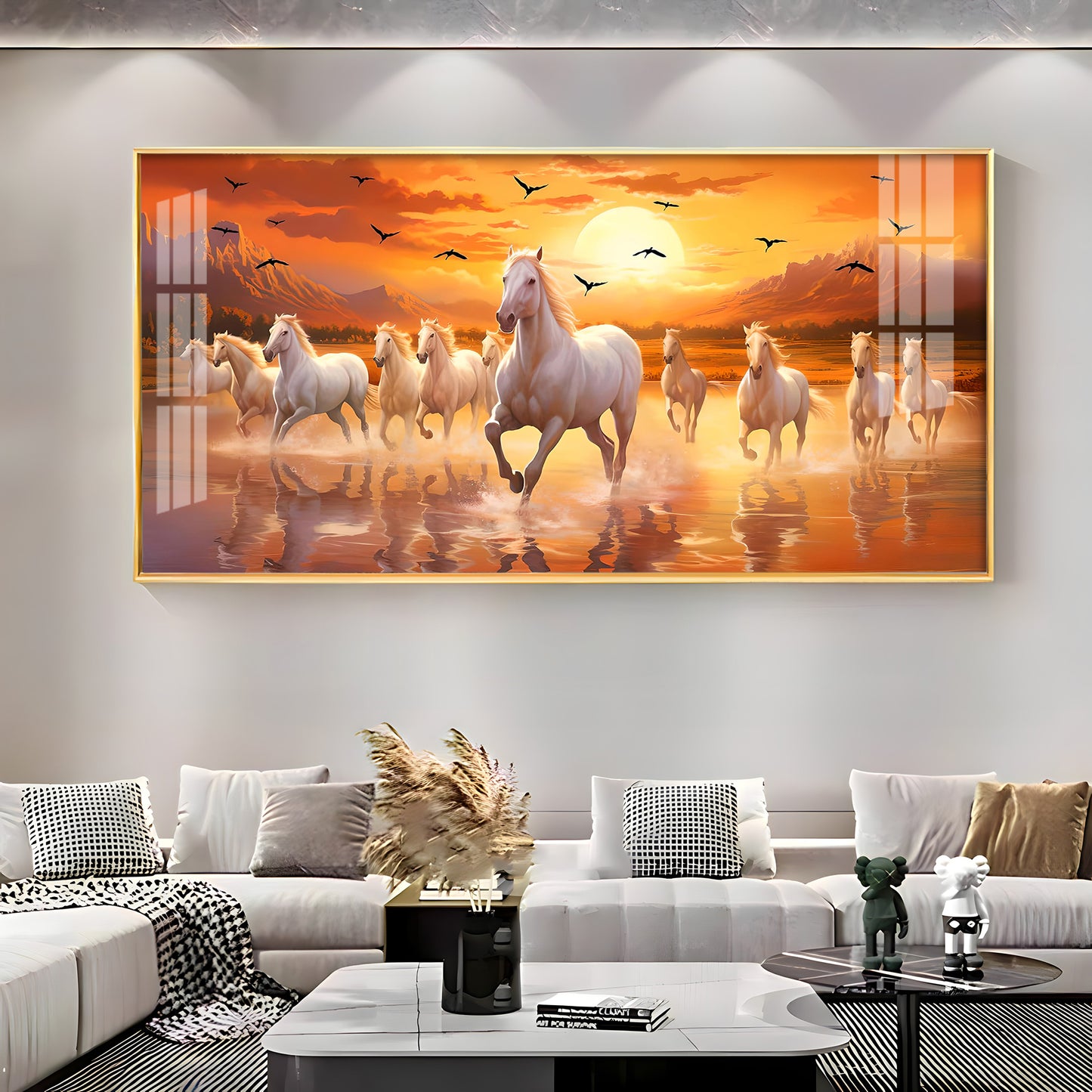 White Running Horses With Sunrise Premium Acrylic Horizontal Wall Art