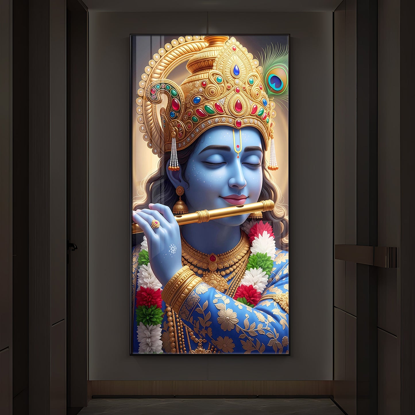Lord Krishna Modern Luxury Backlight Vertical Wall Art