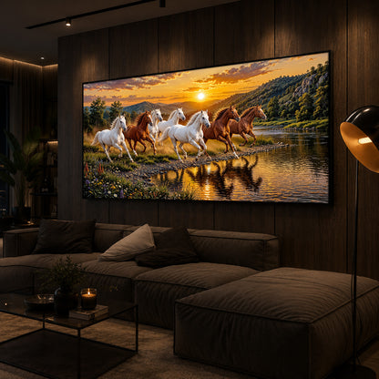 Seven Running Horses With Sunset Splash Modern Luxury Backlight Horizontal Wall Art