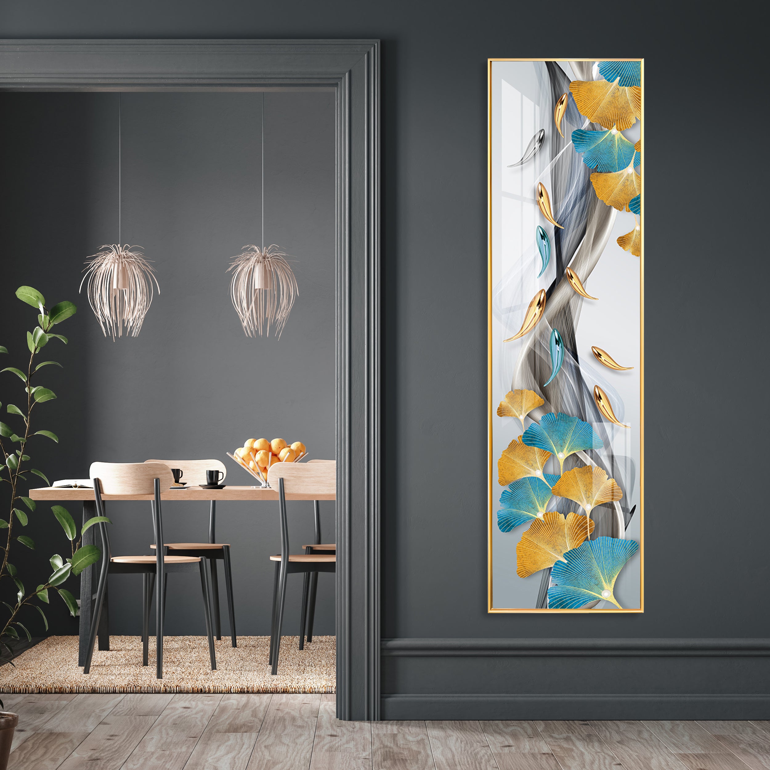 Blue & Golden Leaves With Fishes Premium Acrylic Vertical Wall Art