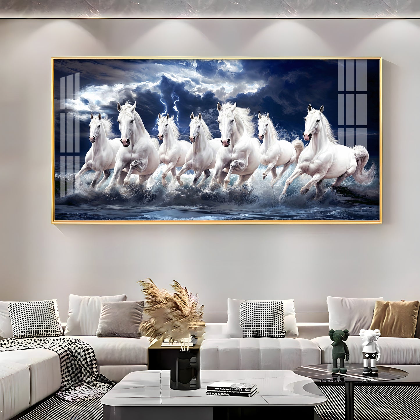 Seven White Horses Gallop In the Sea Premium Acrylic Horizontal Wall Art