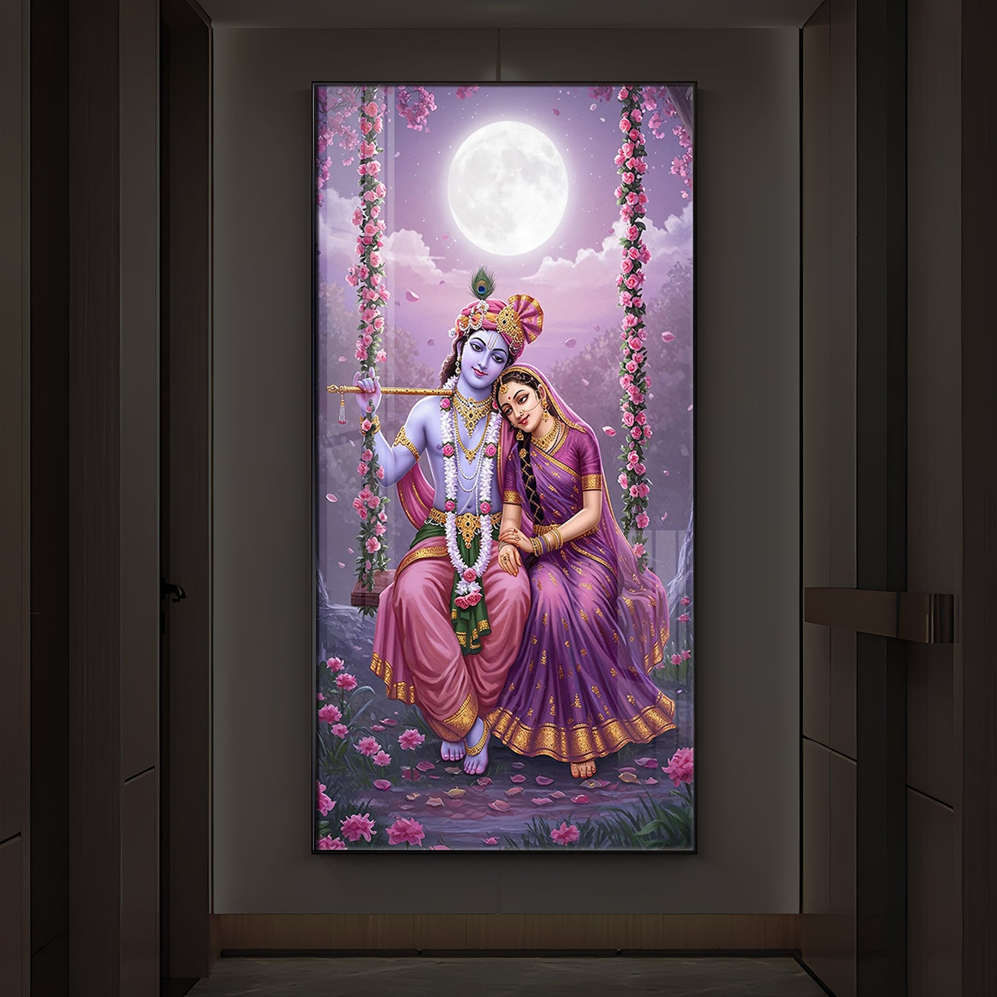 Loving Radha Krishna Modern Luxury Backlight Vertical Wall Art